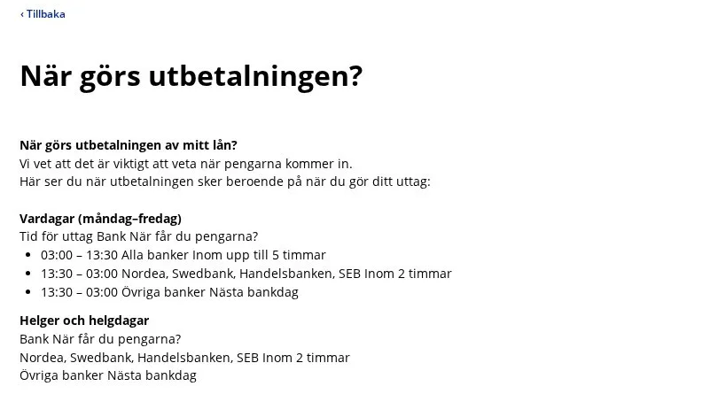 Skärmbild av Ferratums hjälpartikel När görs utbetalningen? med tider för vardagar, helger och olika banker