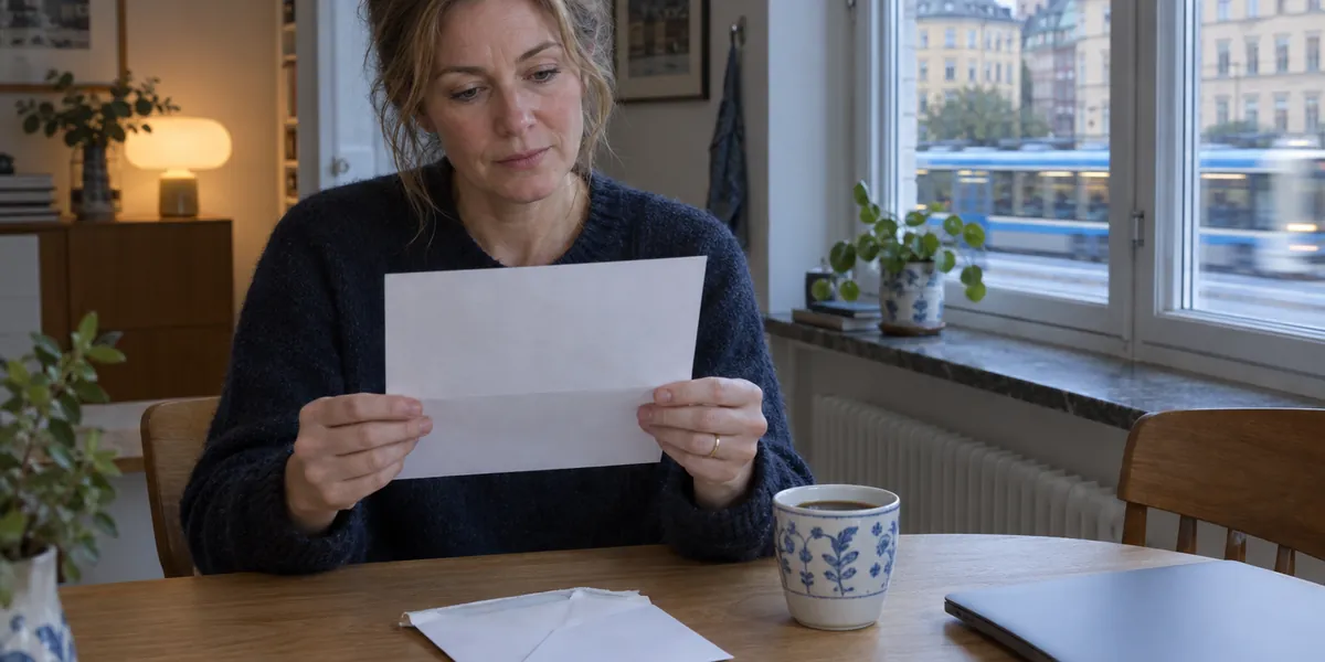 Kvinna läser ett brev vid köksbordet med en kaffekopp och ett öppnat kuvert framför sig
