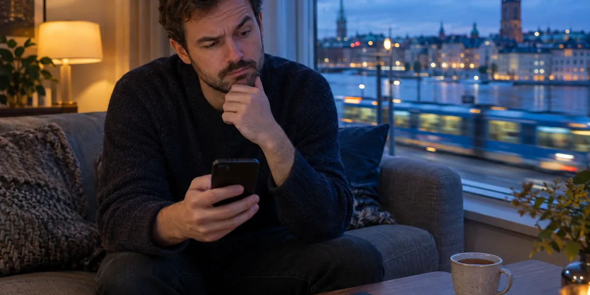 Man i soffan funderar med mobilen i handen en kväll i Stockholm