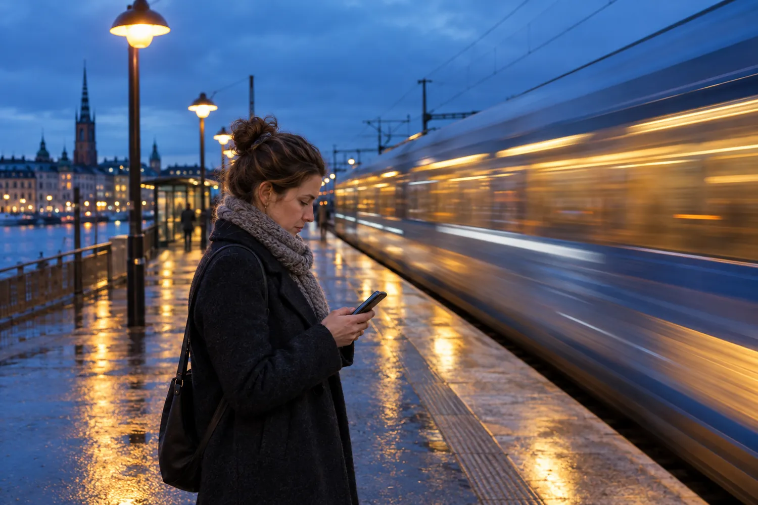 Kvinna på en perrong i Stockholm tittar i mobilen medan ett tåg passerar i hög fart