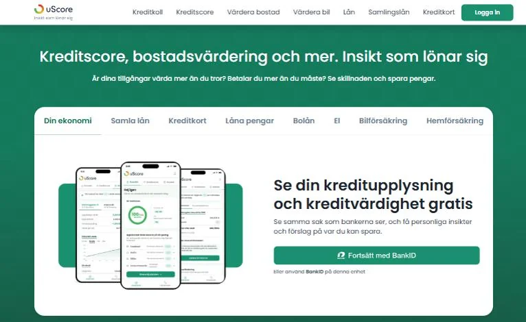 Skärmbild av uScores startsida med inloggning via BankID